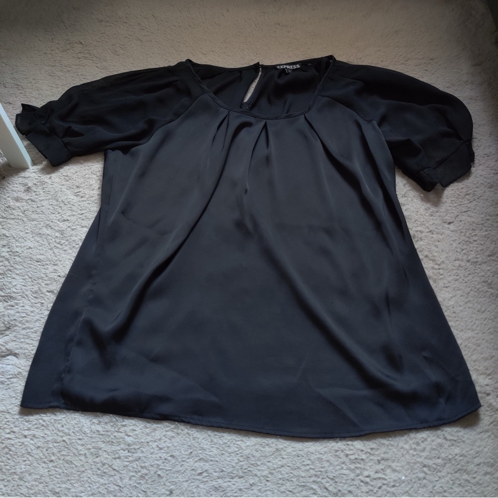 Express Elegant Black Blouse Gathered  Pleated neck puff sleeve